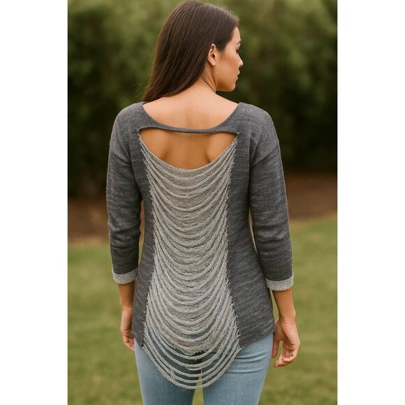 Pink Berry Gray Scoop Neck Sweater Distressed Skull Design Open Back Size Large - Picture 6 of 8
